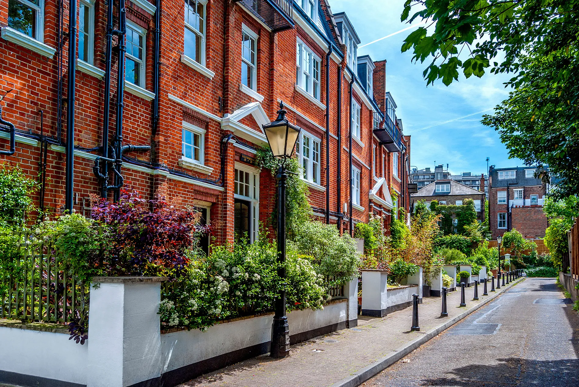 A street lined with tall brick buildings next to trees.